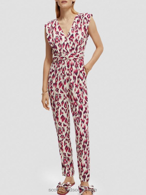kvinner jumpsuit med v-hals belte børstet ikat kirsebærpai N40XD16 klær Scotch & Soda