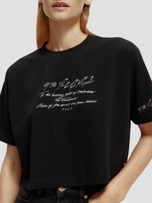 kvinner brodert crop top t-skjorte svart N40XD73 klær Scotch & Soda