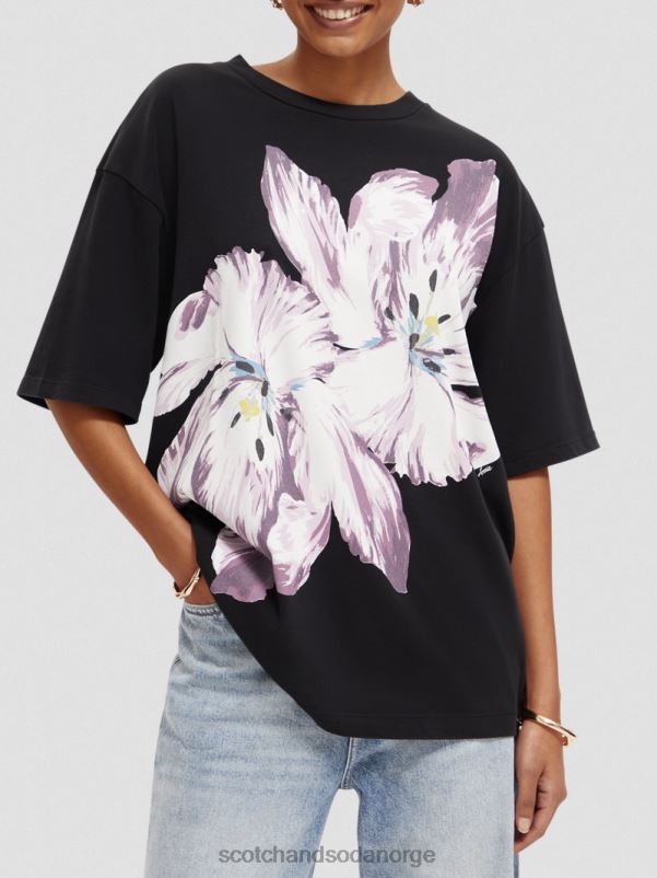 kvinner overdimensjonert organisk t-skjorte med blomsterkunst tulipan tvilling sort onyx N40XD66 klær Scotch & Soda