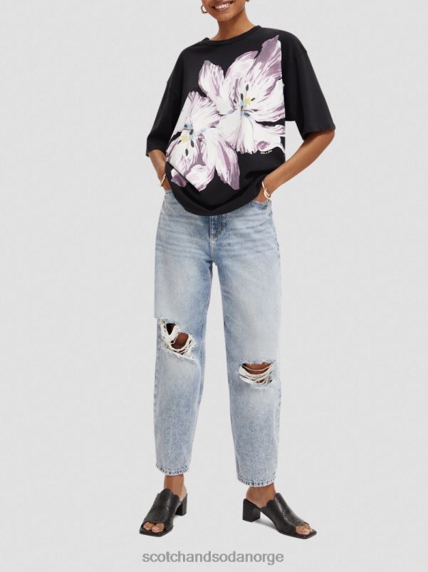 kvinner overdimensjonert organisk t-skjorte med blomsterkunst tulipan tvilling sort onyx N40XD66 klær Scotch & Soda