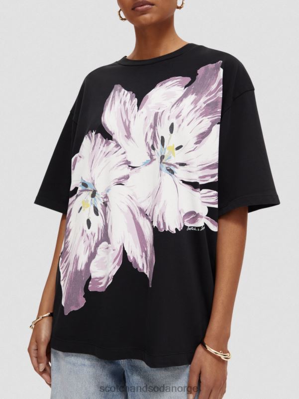 kvinner overdimensjonert organisk t-skjorte med blomsterkunst tulipan tvilling sort onyx N40XD66 klær Scotch & Soda