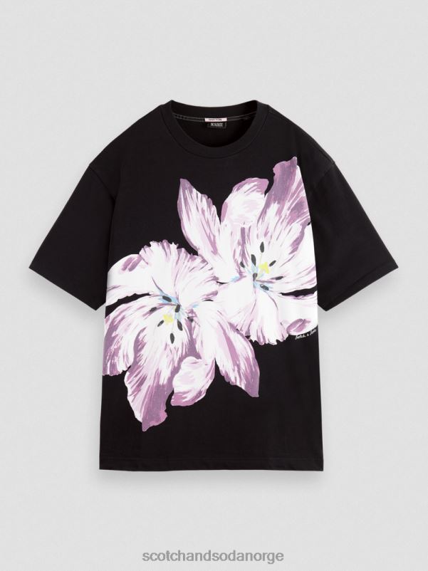 kvinner overdimensjonert organisk t-skjorte med blomsterkunst tulipan tvilling sort onyx N40XD66 klær Scotch & Soda