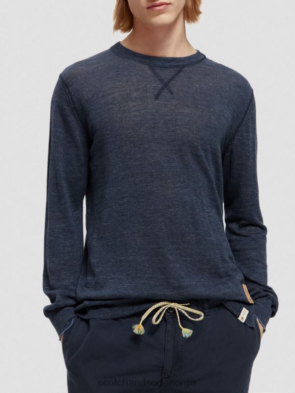 menn lin-blandet genser med rund hals marine melange N40XD651 klær Scotch & Soda