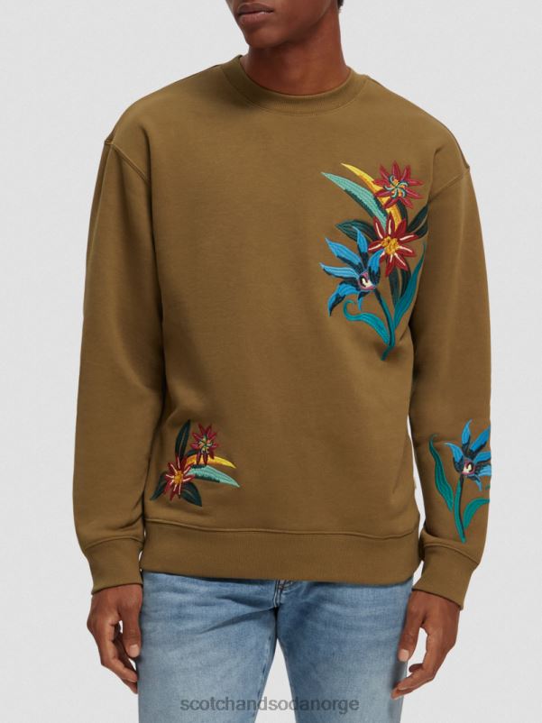 menn avslappet passform brodert genser med rund hals kaki N40XD506 klær Scotch & Soda