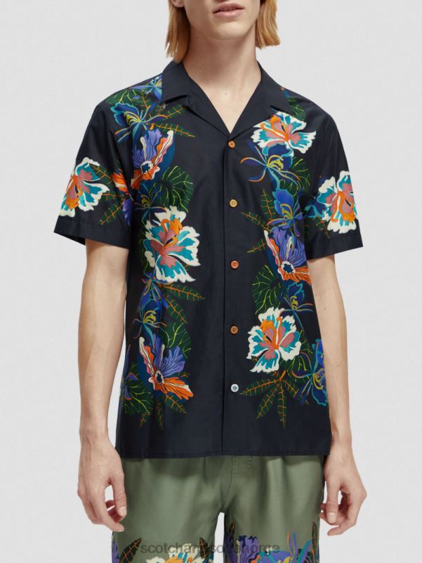 menn printet leirskjorte i økologisk bomull kantblomst N40XD327 klær Scotch & Soda