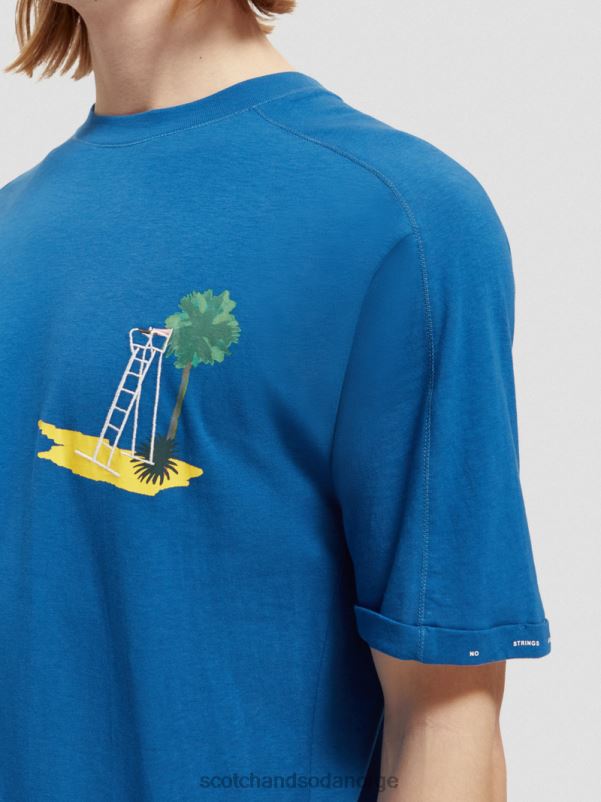 menn avslappet passform kunstverk t-skjorte riviera blå N40XD421 klær Scotch & Soda
