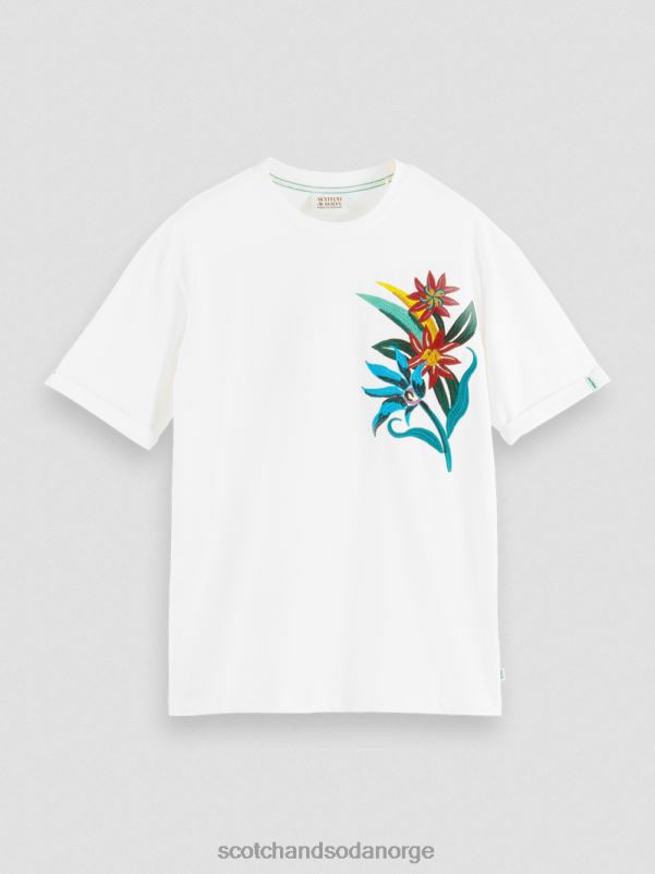 menn økologisk t-skjorte med blomsterbrodert avslappet passform hvit N40XD353 klær Scotch & Soda