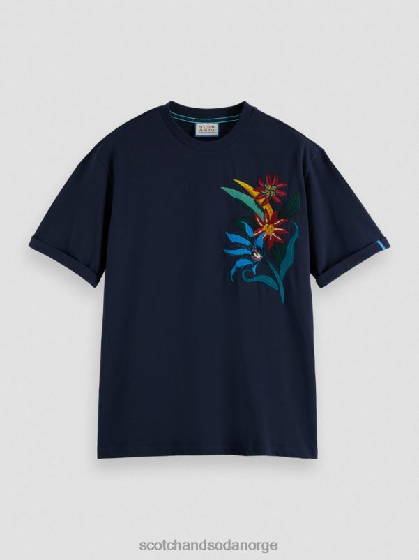 menn økologisk t-skjorte med blomsterbrodert avslappet passform natt N40XD352 klær Scotch & Soda