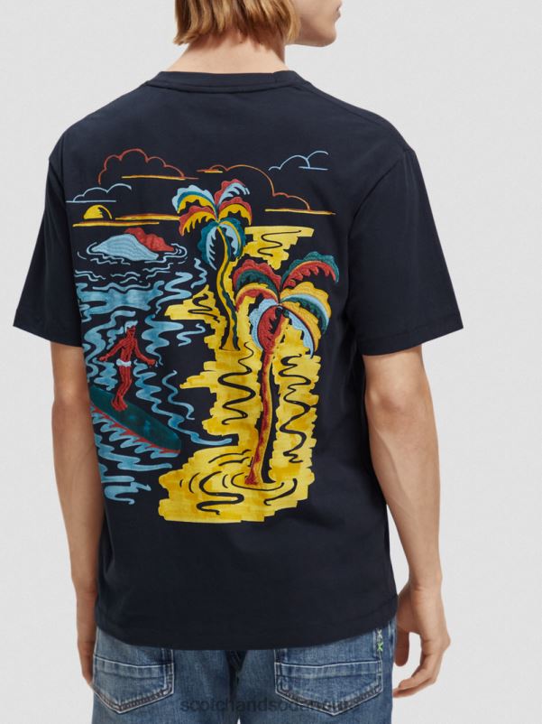 menn t-skjorte med brodert kunst marinen N40XD393 klær Scotch & Soda