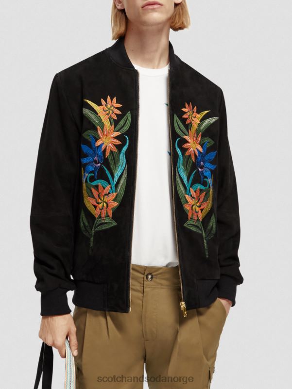menn brodert bomberjakke i semsket skinn svart N40XD563 klær Scotch & Soda
