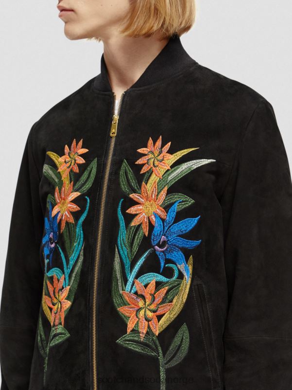 menn brodert bomberjakke i semsket skinn svart N40XD563 klær Scotch & Soda