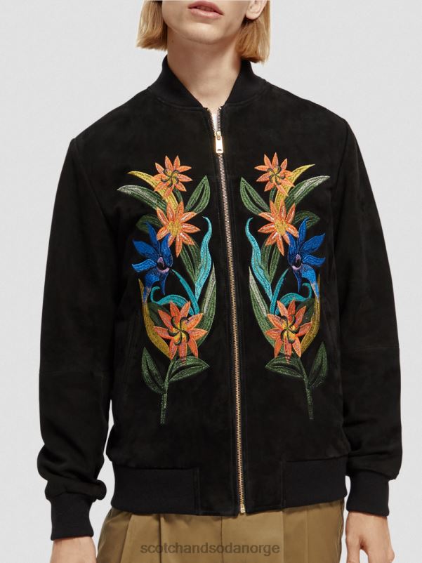 menn brodert bomberjakke i semsket skinn svart N40XD563 klær Scotch & Soda